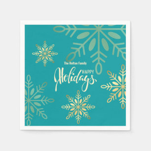 Happy holidays Christmas gold snowflakes green Napkins