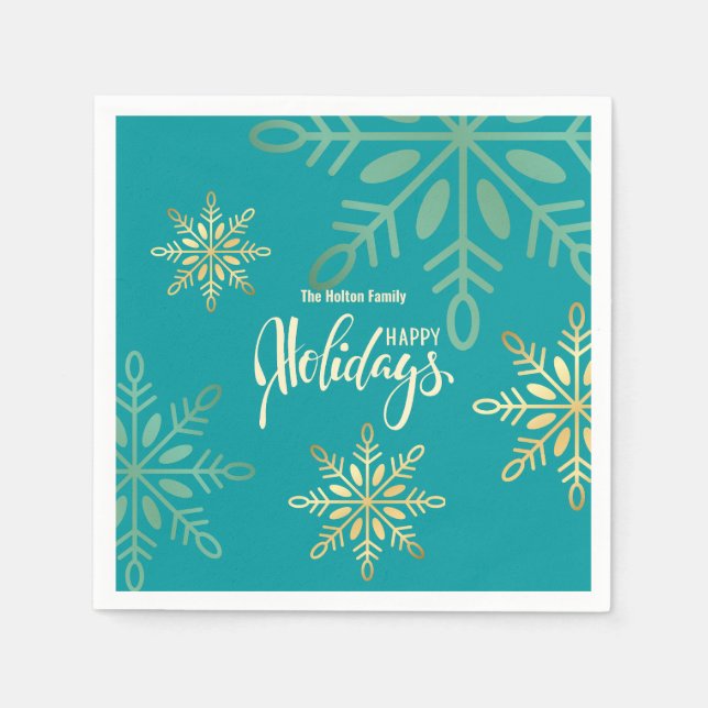 Happy holidays Christmas gold snowflakes green Napkins (Front)