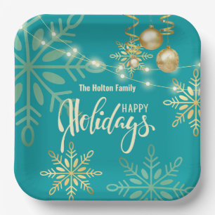 Happy holidays Christmas gold snowflakes green Paper Plates