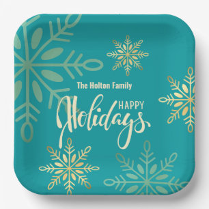 Happy holidays Christmas gold snowflakes green Paper Plates