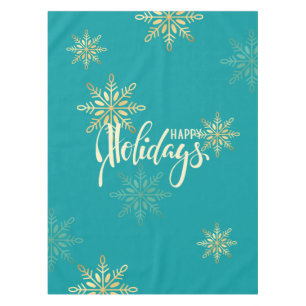 Happy holidays Christmas gold snowflakes green Tablecloth