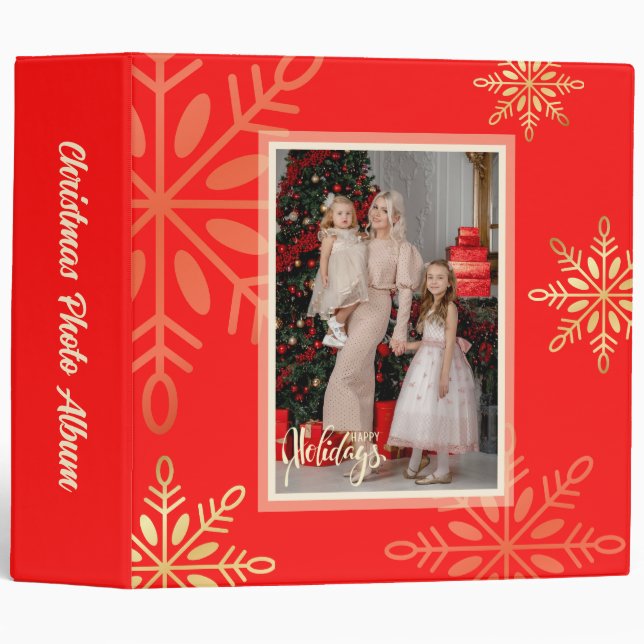 Happy holidays Christmas gold snowflakes, red 3 Ring Binder (Front/Spine)