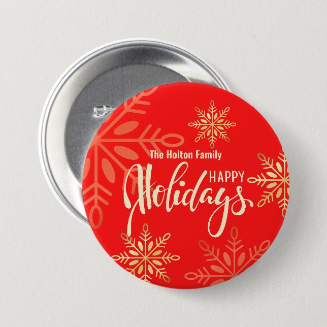 Happy holidays Christmas gold snowflakes red Button (Front & Back)