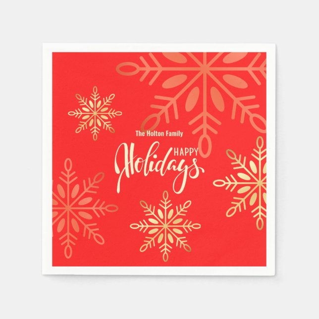 Happy holidays Christmas gold snowflakes red Napkins (Front)