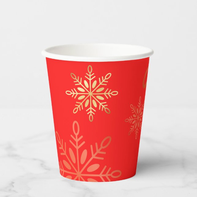 Happy holidays Christmas gold snowflakes red Paper Cups (Front)