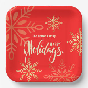 Happy holidays Christmas gold snowflakes, red Paper Plates