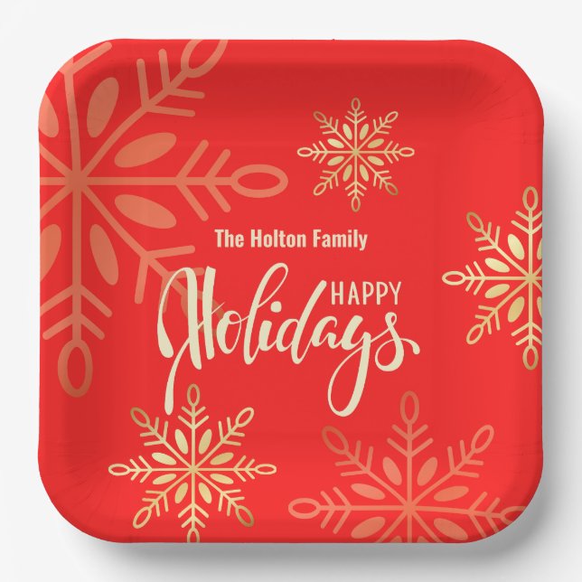 Happy holidays Christmas gold snowflakes, red Paper Plates (Front)