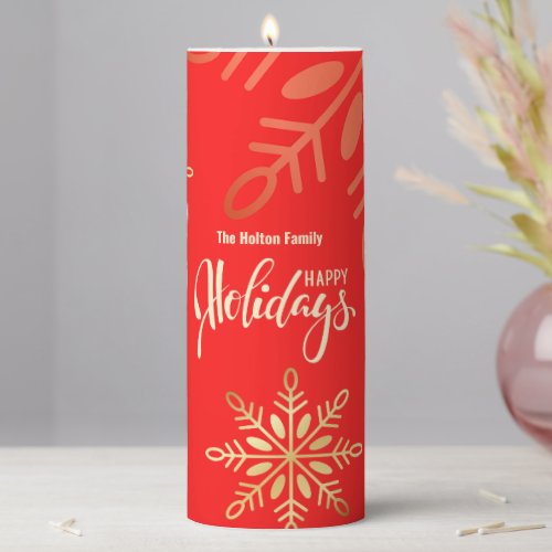 Happy holidays Christmas gold snowflakes red Pillar Candle