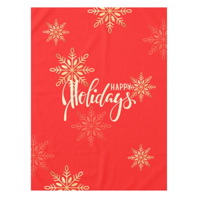 Happy holidays Christmas gold snowflakes red Tablecloth (Front)