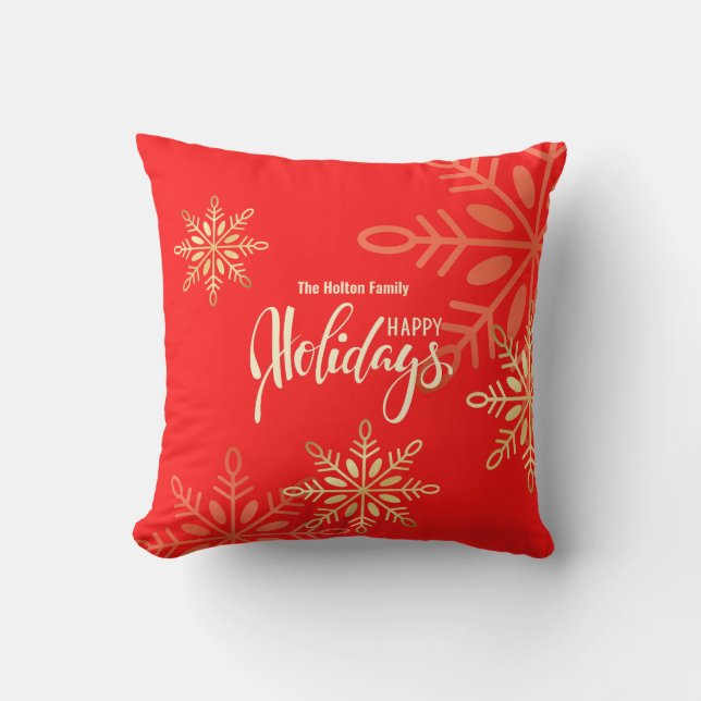 Happy holidays Christmas gold snowflakes red Throw Pillow (Front)