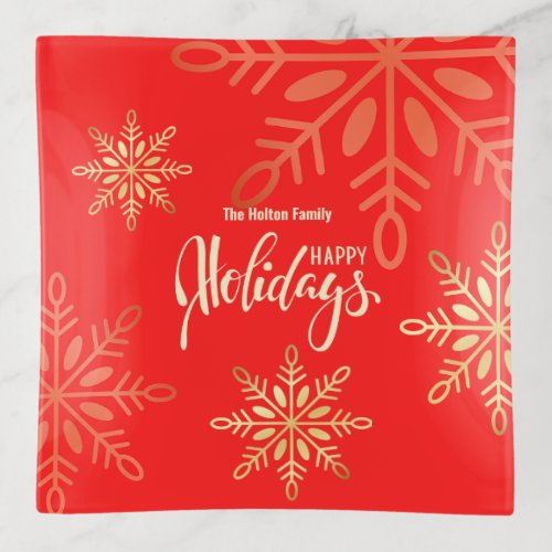 Happy holidays Christmas gold snowflakes red Trinket Tray