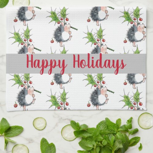 Happy Holidays Christmas Hedgehog   Kitchen Towel