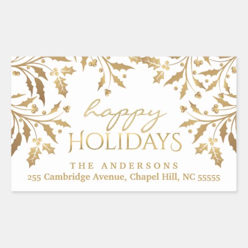 Happy Holidays Christmas Holly Garland Gold Rectangular Sticker