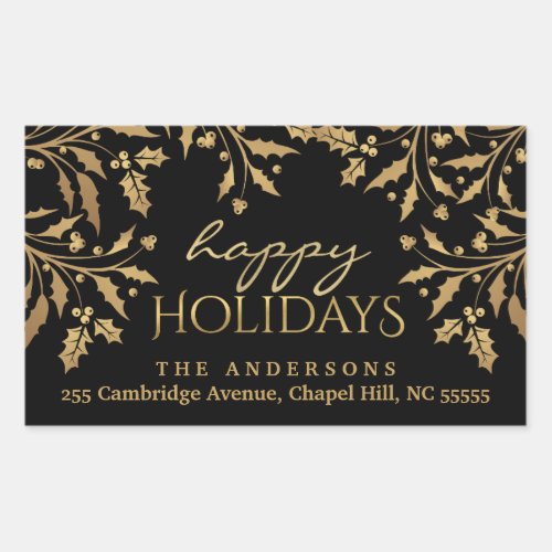Happy Holidays Christmas Holly Gold Faux Foil Rectangular Sticker