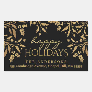 Happy Holidays Christmas Holly Gold Faux Foil Rectangular Sticker