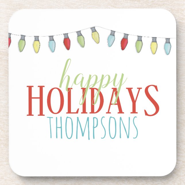 Happy Holidays Christmas Lights Custom Beverage Coaster (Front)