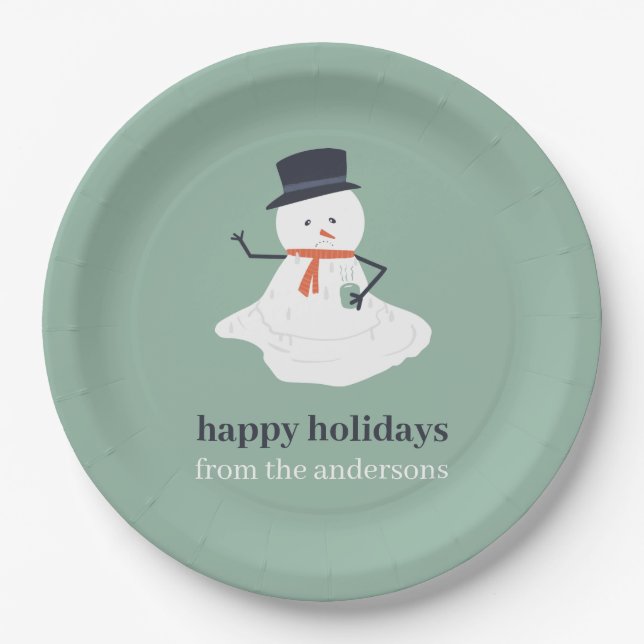 Happy Holidays Christmas Melting Snowman Cute   Paper Plates (Front)