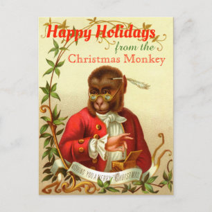 Happy Holidays Christmas Monkey Funny Vintage Holiday Postcard
