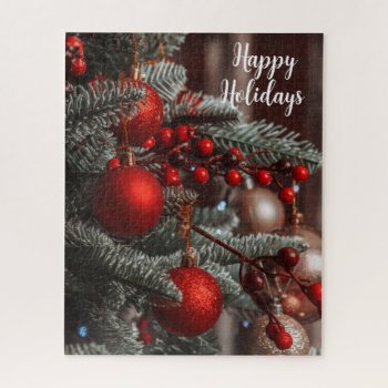 Happy Holidays Christmas Ornaments Hanging On Tree Jigsaw Puzzle by UniqueChristmasGifts at Zazzle