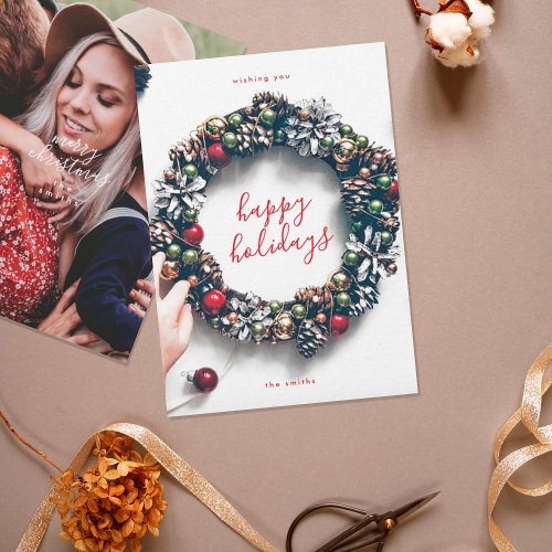 Happy Holidays Christmas Photo Garland Wreath Holiday Card