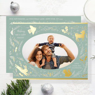 Happy Holidays Christmas Photo Woodland Doodle Foil Holiday Postcard