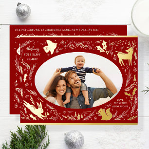 Happy Holidays Christmas Photo Woodland Doodle Foil Holiday Postcard