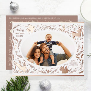 Happy Holidays Christmas Photo Woodland Doodle Foil Holiday Postcard
