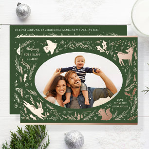 Happy Holidays Christmas Photo Woodland Doodle Foil Holiday Postcard