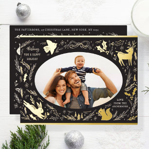 Happy Holidays Christmas Photo Woodland Doodle Foil Holiday Postcard