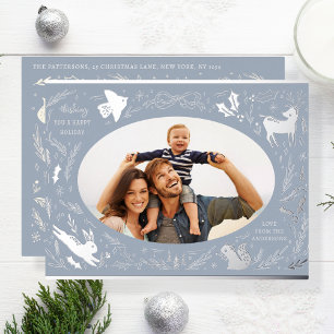 Happy Holidays Christmas Photo Woodland Doodle Foil Holiday Postcard