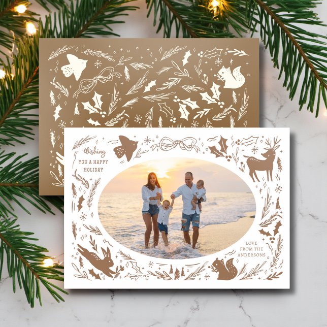 Happy Holidays Christmas Photo Woodland Doodle  Letterpress Photo Cards (Creator Uploaded)