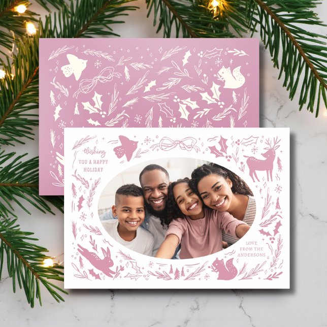 Happy Holidays Christmas Photo Woodland Doodle Letterpress Photo Cards (Creator Uploaded)