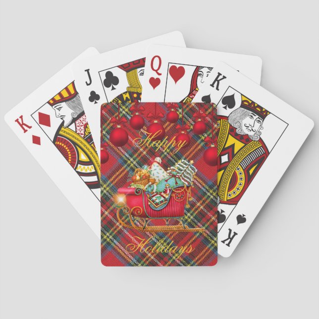 Happy Holidays Christmas Plaid Tartan Santa Sleigh Poker Cards (Back)