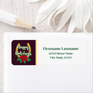 Happy Holidays Christmas Poinsettia Horseshoe Label