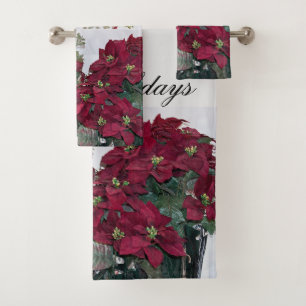 Happy Holidays & Christmas Poinsettia Plants Bath Towel Set