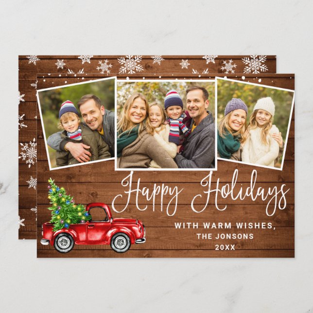 Happy Holidays Christmas Red Farm Truck 3 Photo Holiday Card (Front/Back)