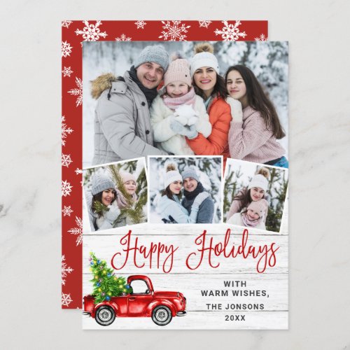 Happy Holidays Christmas Red Farm Truck 4 Photo Holiday Card