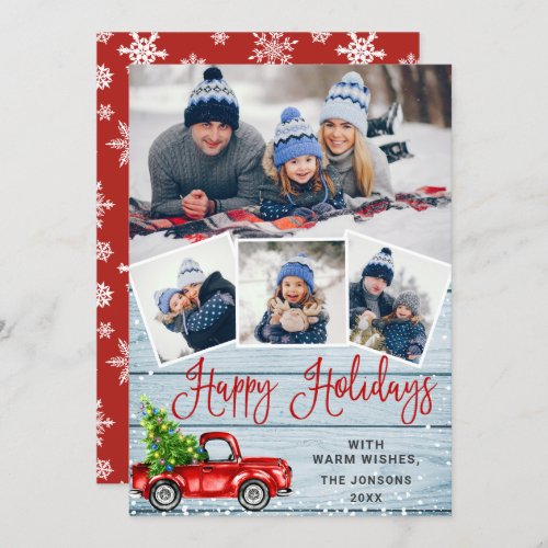 Happy Holidays Christmas Red Farm Truck 4 Photo Holiday Card