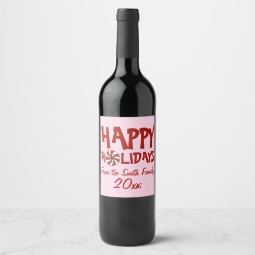 Happy Holidays Christmas Red Peppermint Candy Cane Wine Label