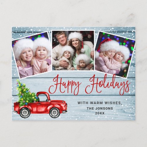 Happy Holidays Christmas Red Truck Rustic PHOTO Holiday Postcard
