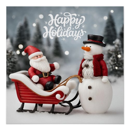 Happy Holidays Christmas Santa and Snowman  Poster