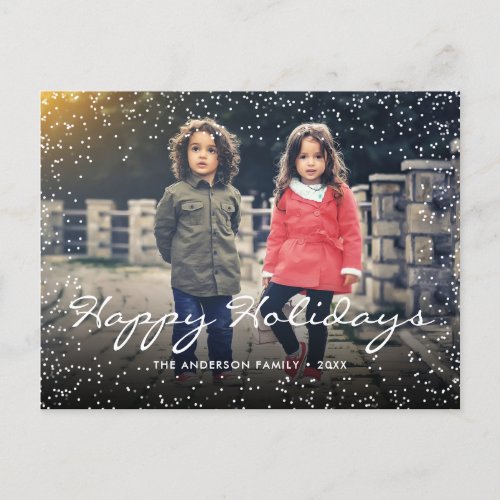 Happy Holidays Christmas Snow Custom Photo Holiday Postcard - Create your own custom modern chic Christmas postcard with snowfall. Add your favorite photo, name and message to create something really unique. Edit this design template by clicking 'Change' and uploading your own image as shown above. To edit the message and name, change the text in the fields. Click 'Customize' button to add text, customize fonts and colors. Treat yourself or make the perfect gift for family, friends, parents and grandparents!