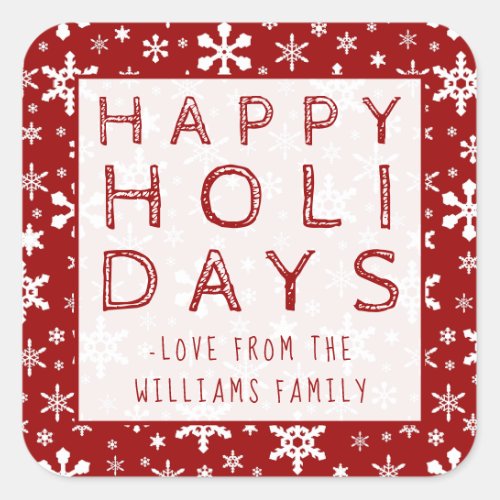 Happy Holidays Christmas Snowflakes Red and White Square Sticker