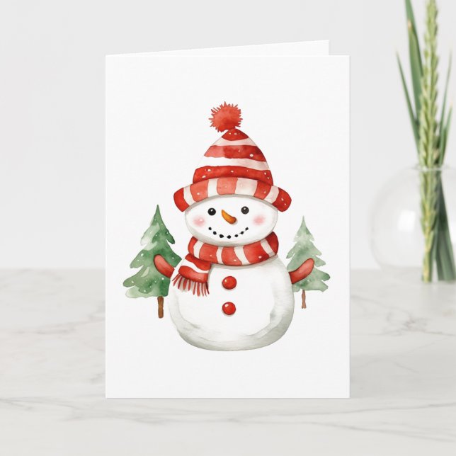 Happy Holidays Christmas Snowman with Trees BLANK  Holiday Card (Front)