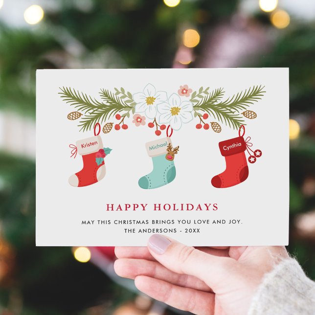 Happy Holidays Christmas Stockings 3 Family Names Holiday Card (Creator Uploaded)