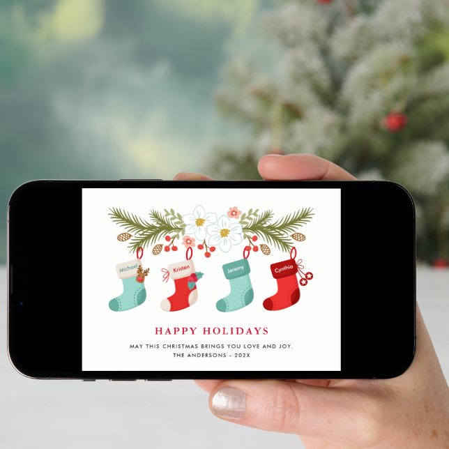 Happy Holidays Christmas Stockings 4 Family Names Holiday Card (Front Digital)