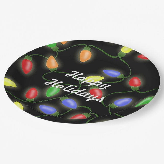 Happy Holidays Christmas String Lights Paper Plates (Angled)