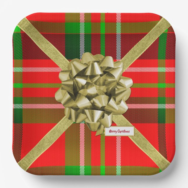 Happy Holidays Christmas Tartan Pattern Red Green Paper Plates (Front)
