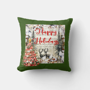 Happy Holidays - Christmas Tree and Deer Throw Pillow