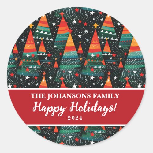 Happy Holidays Christmas Tree Modern Patters Label